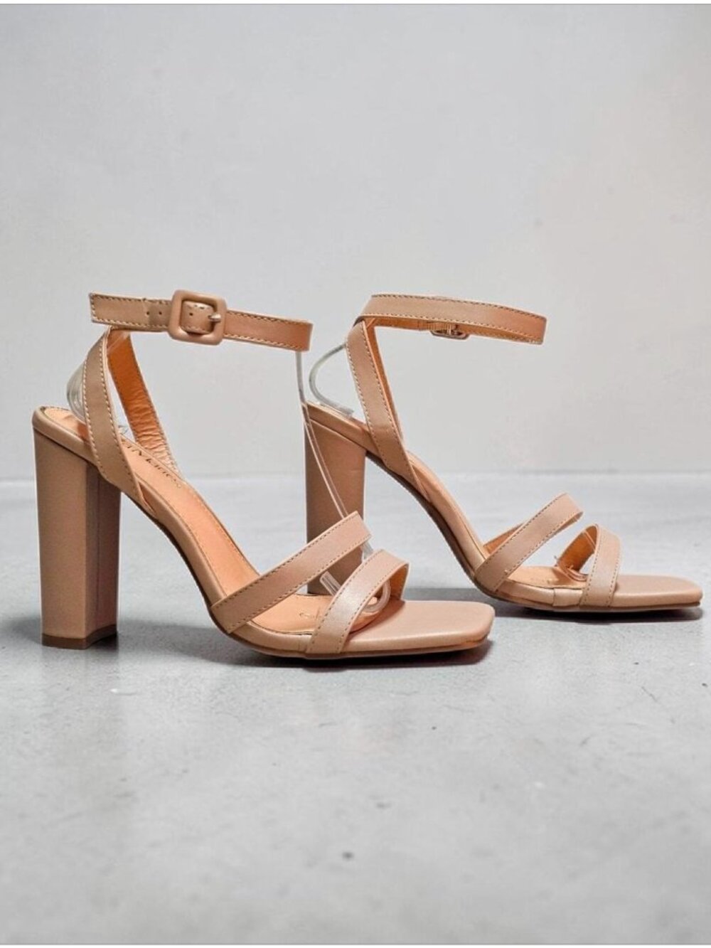 Strappy Nude Block Heel Sandals With Adjustable Ankle Strap - Elegant Design For